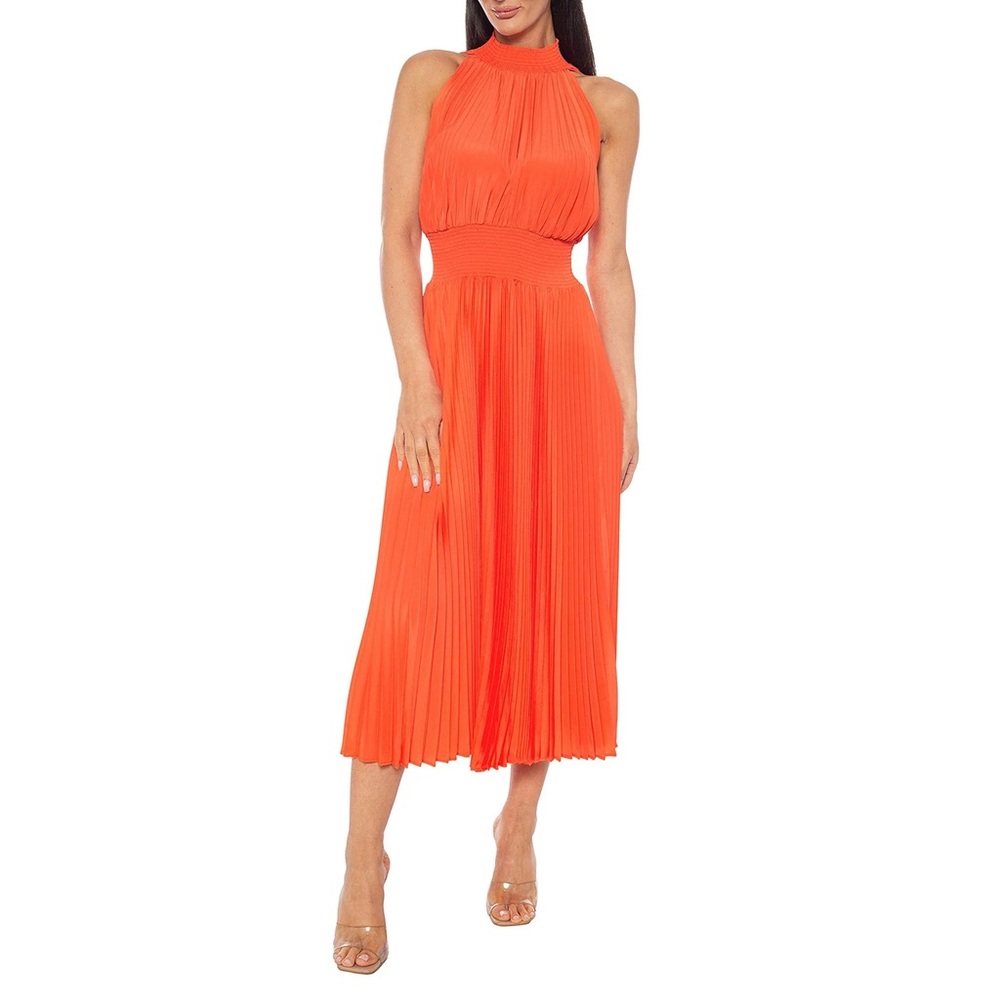 Marina 267320 Pleated Midi Length A Line Cocktail Dress - Orange